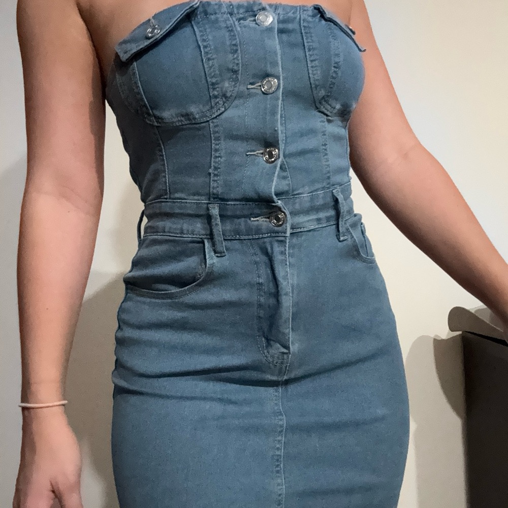 SHEIN Blue Denim Strapless Mini Dress